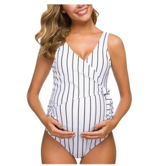 NEW- White + Black Stripe Tempotrek Maternity One Piece Swimsuit- Women's XXL - Picture 1 of 6